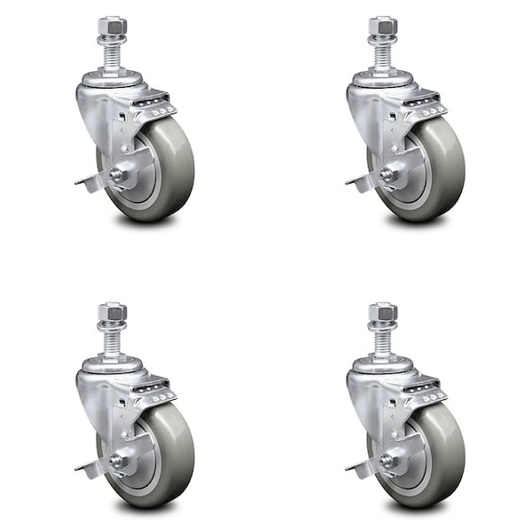 4 Inch Gray Polyurethane Swivel 12mm Threaded Stem Caster Set with Brake SCC